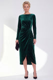 Navy Sheath Midi Velvet Dress With Long Sleeves