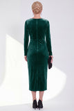 Navy Sheath Midi Velvet Dress With Long Sleeves