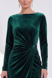 Navy Sheath Midi Velvet Dress With Long Sleeves