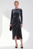 Navy Sheath Midi Velvet Dress With Long Sleeves
