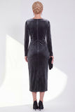 Navy Sheath Midi Velvet Dress With Long Sleeves