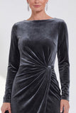 Navy Sheath Midi Velvet Dress With Long Sleeves