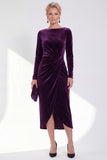 Navy Sheath Midi Velvet Dress With Long Sleeves