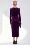 Navy Sheath Midi Velvet Dress With Long Sleeves