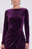 Navy Sheath Midi Velvet Dress With Long Sleeves