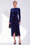 Navy Sheath Midi Velvet Dress With Long Sleeves