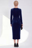 Navy Sheath Midi Velvet Dress With Long Sleeves