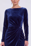 Navy Sheath Midi Velvet Dress With Long Sleeves