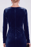 Navy Sheath Midi Velvet Dress With Long Sleeves