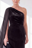 One Shoulder Burgundy Sheath Velvet Dress With Side Streamer