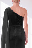 One Shoulder Burgundy Sheath Velvet Dress With Side Streamer