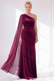 One Shoulder Burgundy Sheath Velvet Dress With Side Streamer