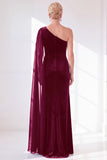 One Shoulder Burgundy Sheath Velvet Dress With Side Streamer