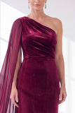 One Shoulder Burgundy Sheath Velvet Dress With Side Streamer