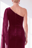 One Shoulder Burgundy Sheath Velvet Dress With Side Streamer