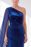 One Shoulder Burgundy Sheath Velvet Dress With Side Streamer