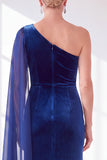 One Shoulder Burgundy Sheath Velvet Dress With Side Streamer
