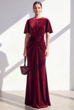 Dark Green Sheath Maxi Velvet Dress With Short Sleeves