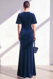 Dark Green Sheath Maxi Velvet Dress With Short Sleeves