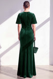 Dark Green Sheath Maxi Velvet Dress With Short Sleeves