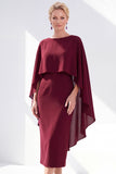 Grey Blue Sheath Boat Neck Midi Mother of the Bride Dress With Cape