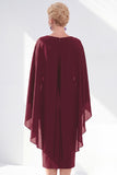Grey Blue Sheath Boat Neck Midi Mother of the Bride Dress With Cape