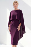 Grey Blue Sheath Boat Neck Midi Mother of the Bride Dress With Cape