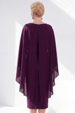 Grey Blue Sheath Boat Neck Midi Mother of the Bride Dress With Cape