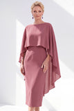 Grey Blue Sheath Boat Neck Midi Mother of the Bride Dress With Cape
