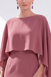 Grey Blue Sheath Boat Neck Midi Mother of the Bride Dress With Cape