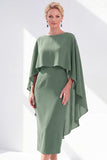 Grey Blue Sheath Boat Neck Midi Mother of the Bride Dress With Cape