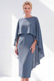 Grey Blue Sheath Boat Neck Midi Mother of the Bride Dress With Cape