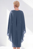 Grey Blue Sheath Boat Neck Midi Mother of the Bride Dress With Cape