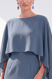 Grey Blue Sheath Boat Neck Midi Mother of the Bride Dress With Cape