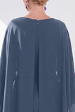 Grey Blue Sheath Boat Neck Midi Mother of the Bride Dress With Cape