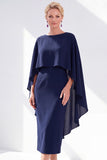 Grey Blue Sheath Boat Neck Midi Mother of the Bride Dress With Cape