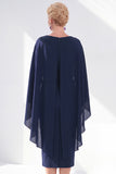 Grey Blue Sheath Boat Neck Midi Mother of the Bride Dress With Cape