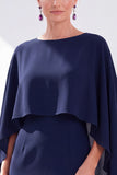Grey Blue Sheath Boat Neck Midi Mother of the Bride Dress With Cape