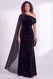 One Shoulder Dark Blue Sheath Maxi Velvet Dress