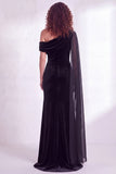One Shoulder Dark Blue Sheath Maxi Velvet Dress