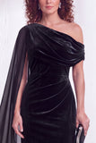 One Shoulder Dark Blue Sheath Maxi Velvet Dress