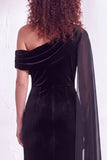One Shoulder Dark Blue Sheath Maxi Velvet Dress
