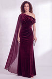 One Shoulder Dark Blue Sheath Maxi Velvet Dress