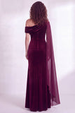 One Shoulder Dark Blue Sheath Maxi Velvet Dress