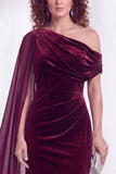One Shoulder Dark Blue Sheath Maxi Velvet Dress