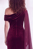 One Shoulder Dark Blue Sheath Maxi Velvet Dress