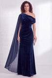 One Shoulder Dark Blue Sheath Maxi Velvet Dress