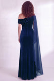 One Shoulder Dark Blue Sheath Maxi Velvet Dress