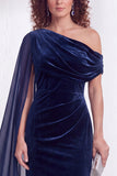One Shoulder Dark Blue Sheath Maxi Velvet Dress