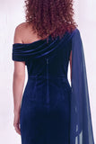 One Shoulder Dark Blue Sheath Maxi Velvet Dress